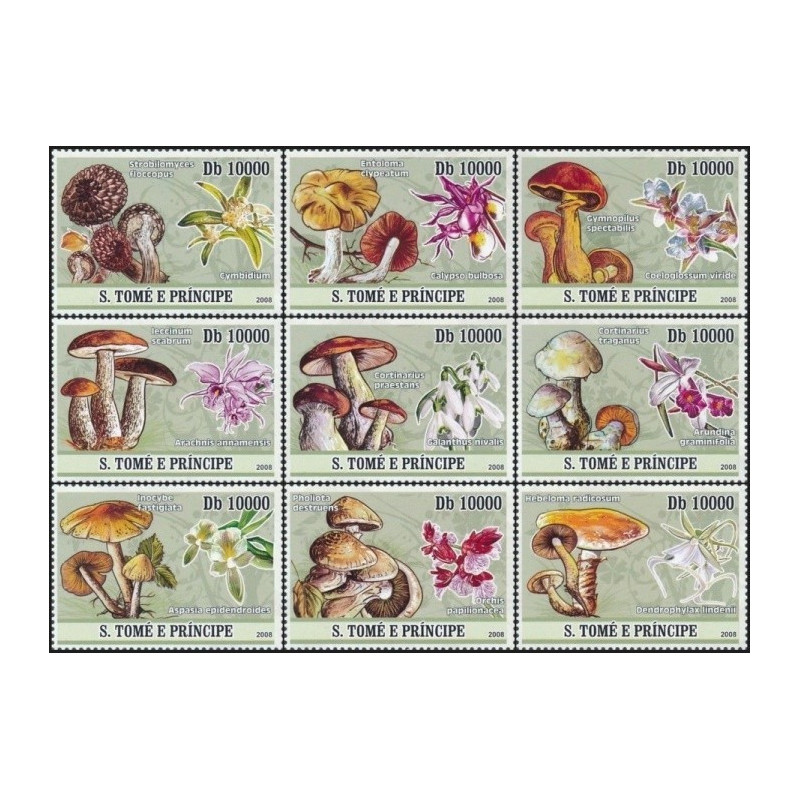 Sao Tome and Principe stamps (2008) for sale. Mushrooms and orchids