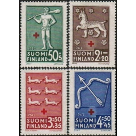 Suomijos pašto ženklai (1943). Raudonasis Kryžius (senoviniai herbai)