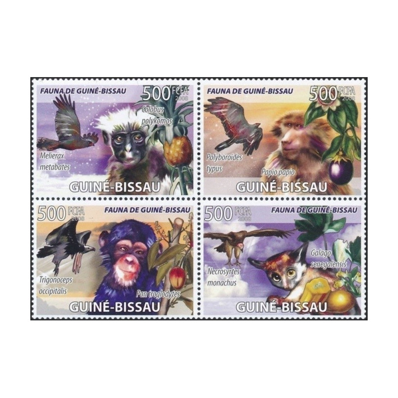 Bisau Gvinėjos pašto ženklai (2008). Beždžionės ir paukščiai